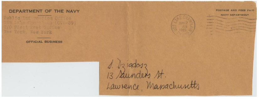 (Fig 7) 17.06.65 USS Lake Champlain. Front of cover addressed to collector.